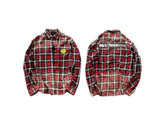 False Perception Vintage Bleach-Dipped Red Plaid Smiley Graphic Oversized Long-Sleeve Shirt