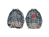 False Perception Vintage Bleach-Dipped Blue Plaid Rock Tongue Graphic Oversized Long-Sleeve Shirt