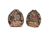 False Perception Vintage Bleach-Dipped Brown Plaid Rock Tongue Graphic Oversized Long-Sleeve Shirt