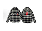 False Perception Vintage Black & White Plaid Rock Tongue Graphic Oversized Long-Sleeve Shirt
