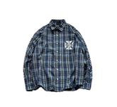False Perception Vintage Blue Plaid Cross Graphic Oversized Long-Sleeve Shirt