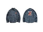 False Perception Vintage Navy Blue Plaid Banner Tongue Graphic Oversized Long-Sleeve Shirt