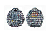 False Perception Vintage Blue Plaid Cartoon Graphic Oversized Long-Sleeve Shirt
