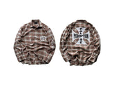 False Perception Vintage Brown Plaid Cross Graphic Oversized Long-Sleeve Shirt