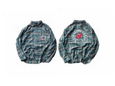 False Perception Vintage Blue Plaid Rock Tongue Graphic Oversized Long-Sleeve Shirt