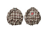 False Perception Vintage Distressed Brown Plaid Rock Tongue Graphic Oversized Long-Sleeve Shirt