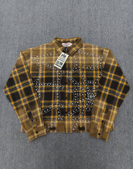 Vale Forever Rhinestone Plaid Pattern Long Sleeve Button-Up Shirt - Yellow