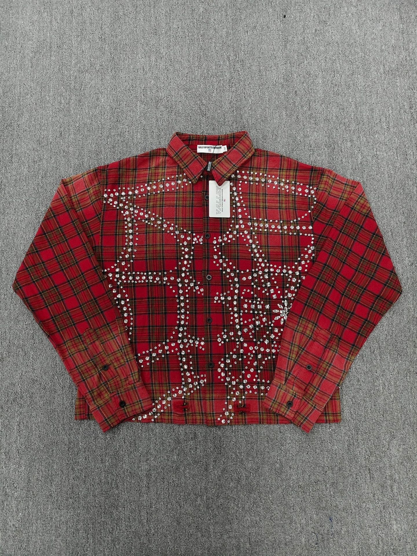 Vale Forever Rhinestone Plaid Pattern Long Sleeve Button-Up Shirt - Red