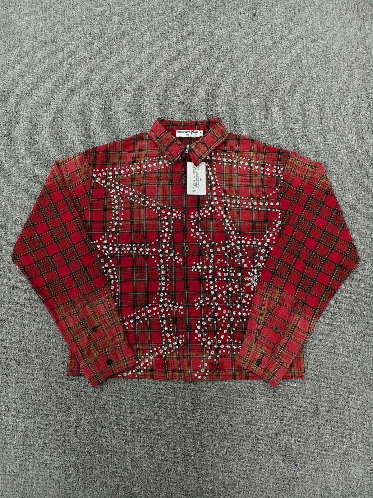 Vale Forever Rhinestone Plaid Pattern Long Sleeve Button-Up Shirt - Red