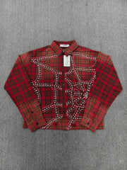 Vale Forever Rhinestone Plaid Pattern Long Sleeve Button-Up Shirt - Red