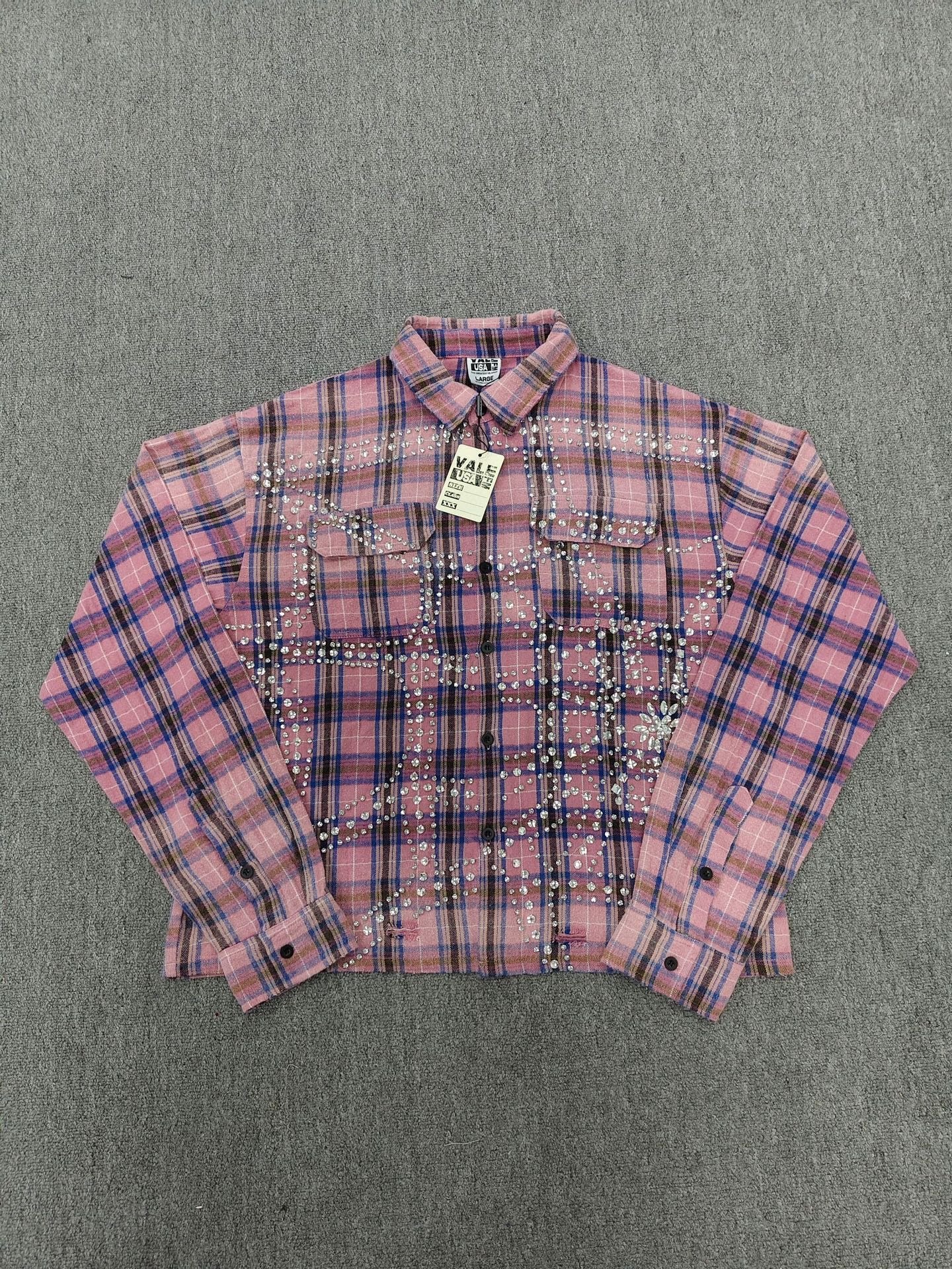 Vale Forever Rhinestone Plaid Pattern Long Sleeve Button-Up Shirt - Pink