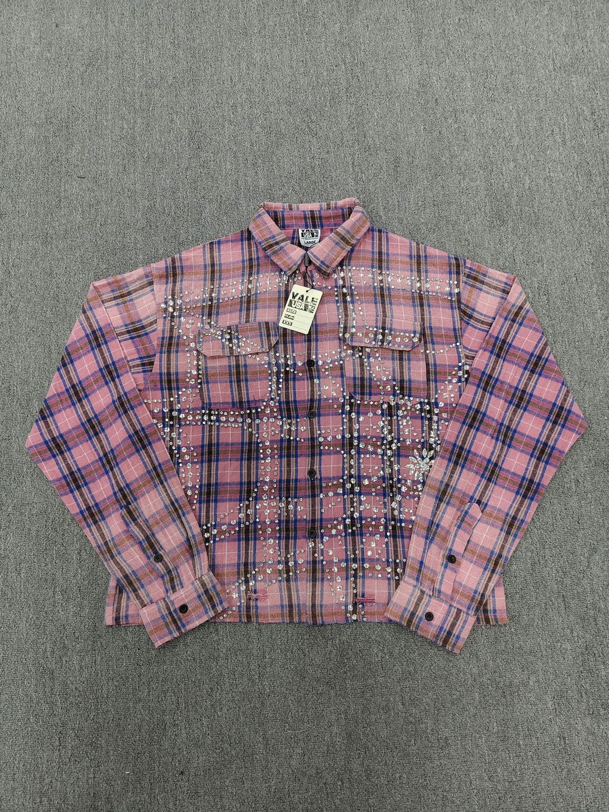 Vale Forever Rhinestone Plaid Pattern Long Sleeve Button-Up Shirt - Pink