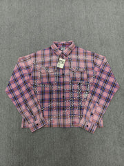 Vale Forever Rhinestone Plaid Pattern Long Sleeve Button-Up Shirt - Pink