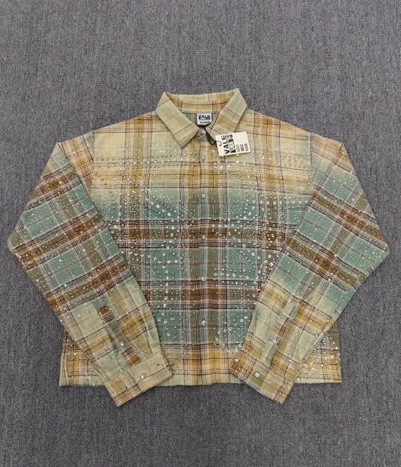 Vale Forever Rhinestone Plaid Pattern Long Sleeve Button-Up Shirt - Green/Yellow