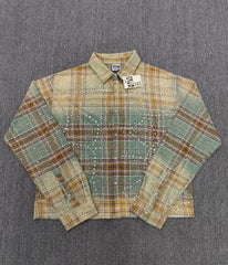 Vale Forever Rhinestone Plaid Pattern Long Sleeve Button-Up Shirt - Green/Yellow