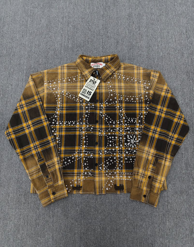 Vale Forever Rhinestone Plaid Pattern Long Sleeve Button-Up Shirt - Yellow