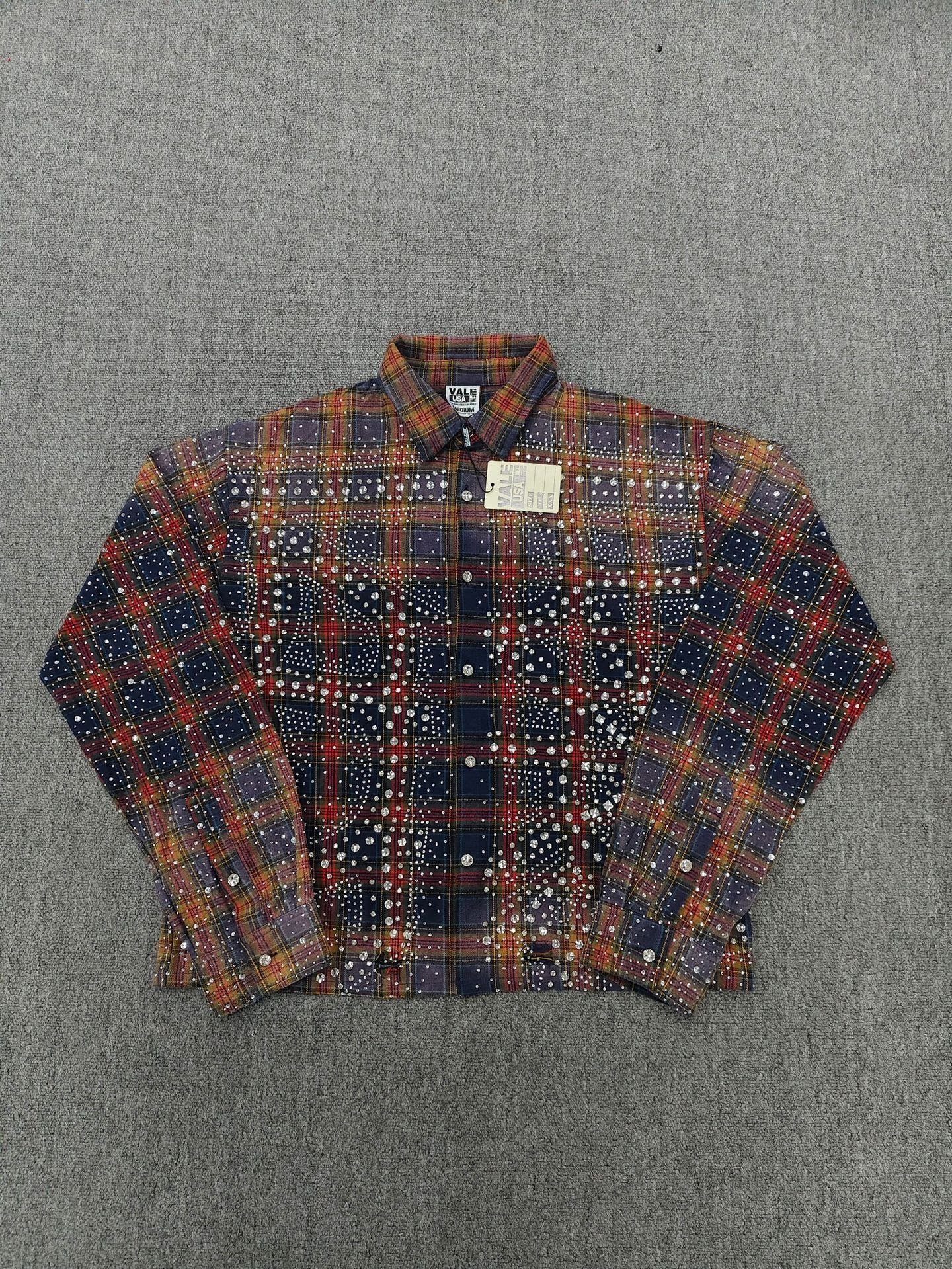 Vale Forever Rhinestone Plaid Pattern Long Sleeve Button-Up Shirt