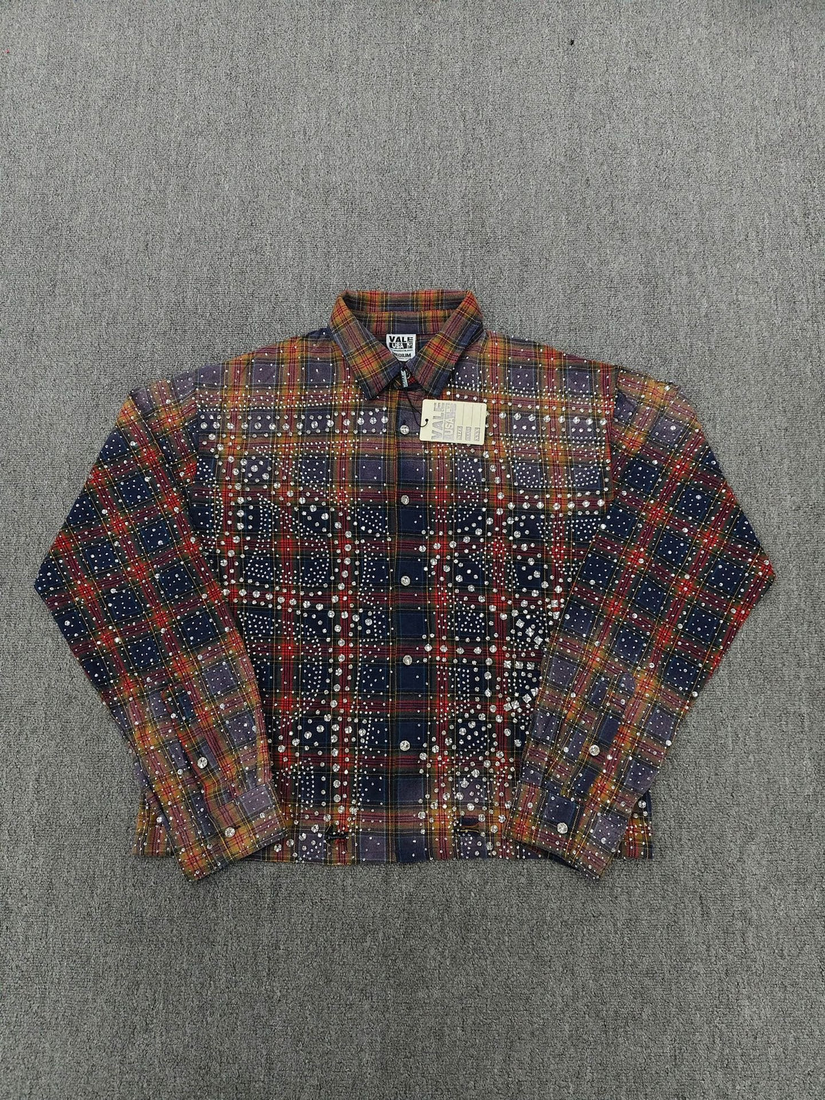 Vale Forever Rhinestone Plaid Pattern Long Sleeve Button-Up Shirt