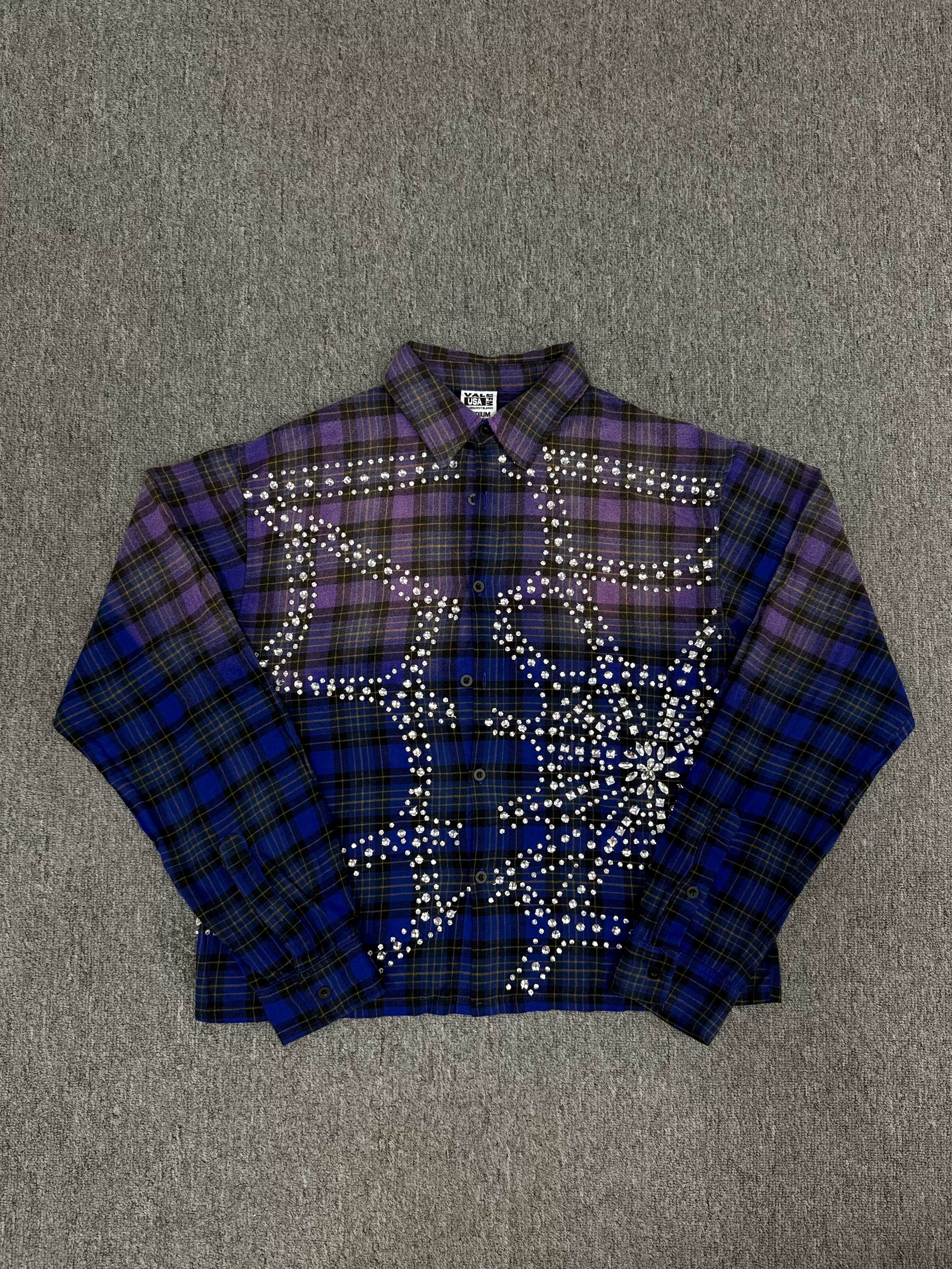 Vale Forever Rhinestone Plaid Pattern Long Sleeve Button-Up Shirt - Purple/Blue