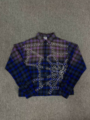 Vale Forever Rhinestone Plaid Pattern Long Sleeve Button-Up Shirt - Purple/Blue